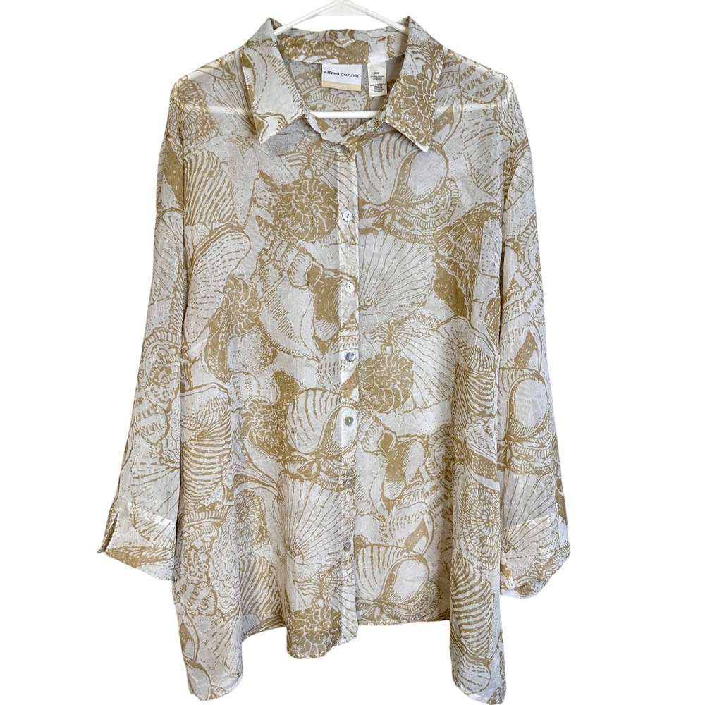 Alfred Dunner Woman Seashell Print Button Down Shirt Tan White Plus 24W Coastal